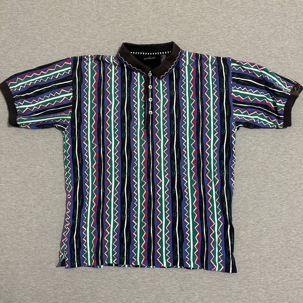 Greg Norman Vintage 90s Cotton Polo Shirt Geometric Zig Zag Stripe Mens Medium